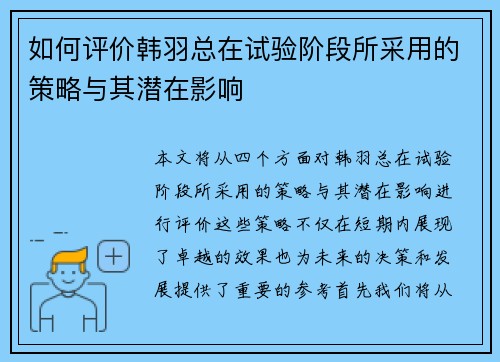 如何评价韩羽总在试验阶段所采用的策略与其潜在影响
